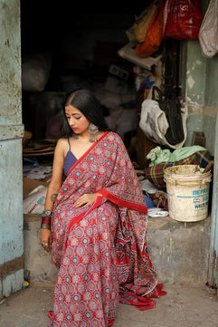 Classical Beauty - Red Ajrakh - Cotton Mulmul Handblock Saree