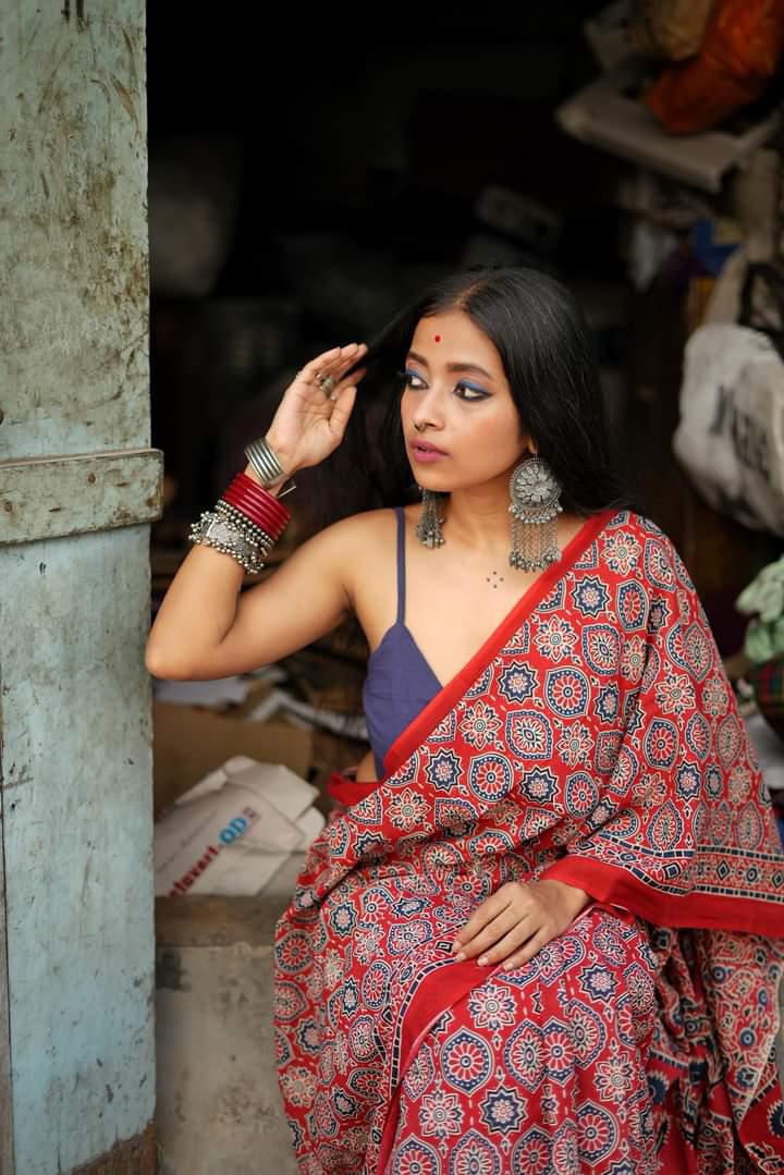 Classical Beauty - Red Ajrakh - Cotton Mulmul Handblock Saree