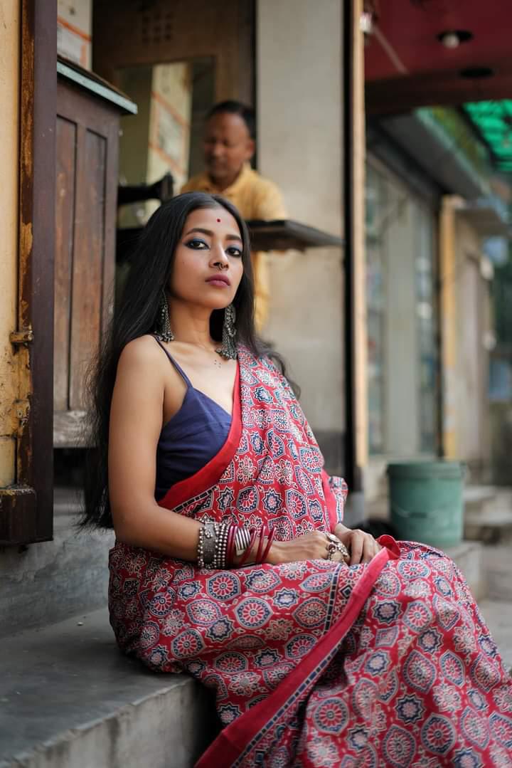 Classical Beauty - Red Ajrakh - Cotton Mulmul Handblock Saree