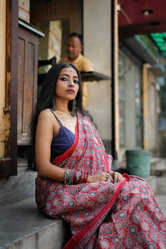 Classical Beauty - Red Ajrakh - Cotton Mulmul Handblock Saree