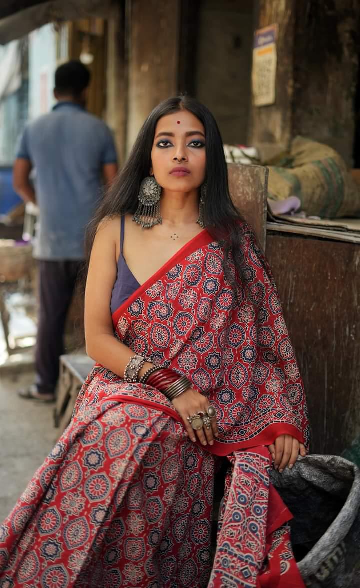 Classical Beauty - Red Ajrakh - Cotton Mulmul Handblock Saree