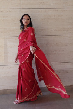 Free Sparrow - Handblock Print Natural Dyed - Red Mulmul Cotton Saree