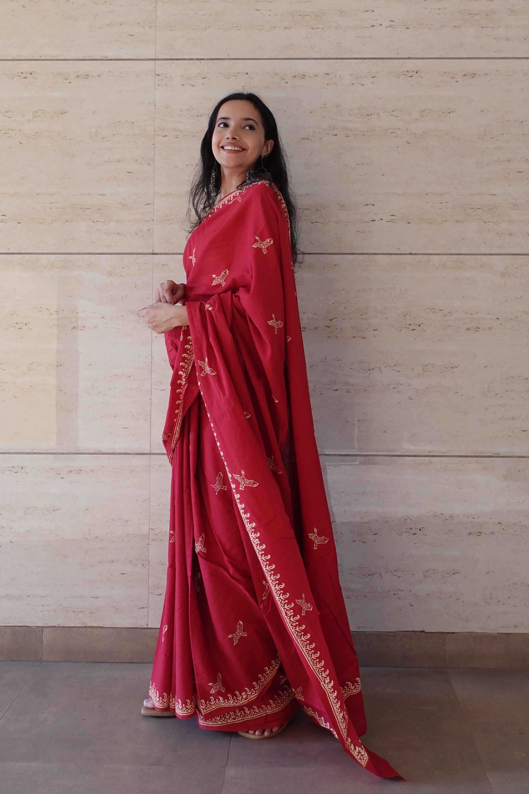 Free Sparrow - Handblock Print Natural Dyed - Red Mulmul Cotton Saree