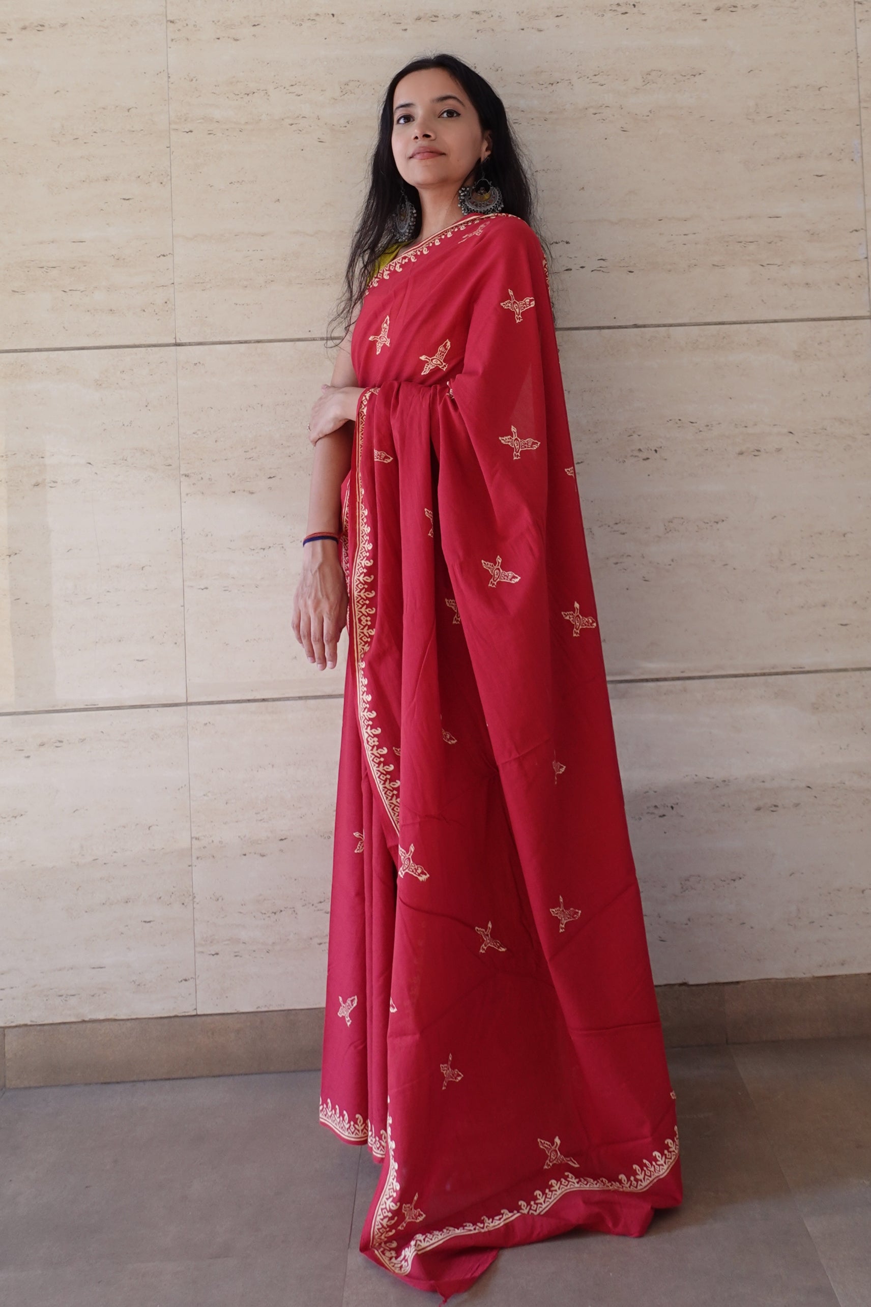 Free Sparrow - Handblock Print Natural Dyed - Red Mulmul Cotton Saree