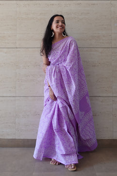 Lavender Love Letter - Handblock Print Natural Dyed - Mulmul Cotton Saree