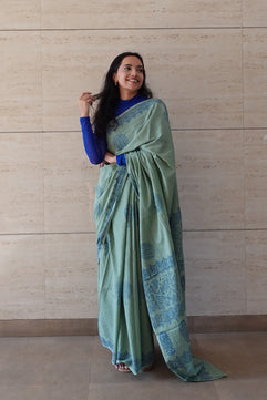 Seaside Serenity- Handblock Print Natural Dyed - Sage Green Mulmul Cotton Saree