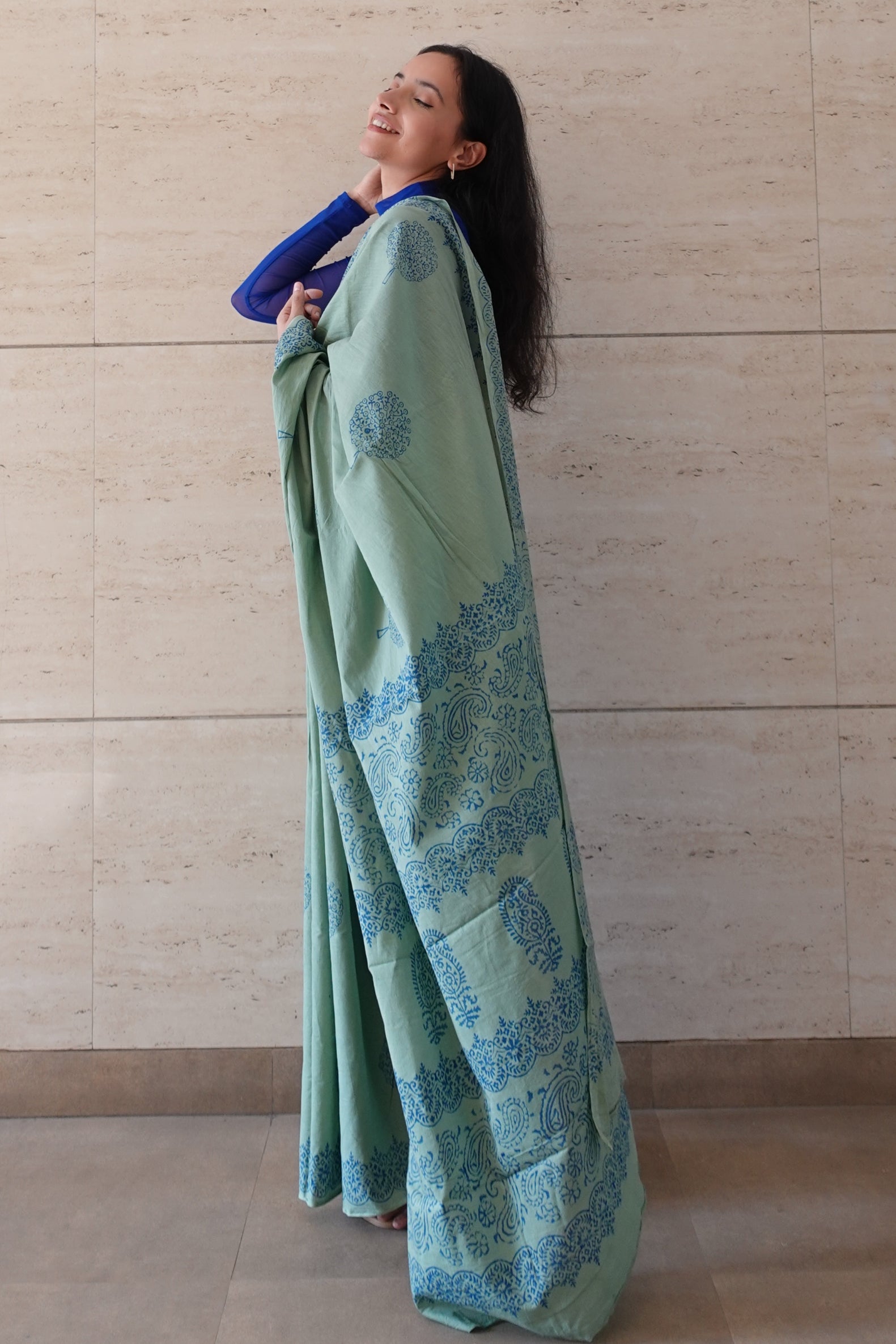 Seaside Serenity- Handblock Print Natural Dyed - Sage Green Mulmul Cotton Saree