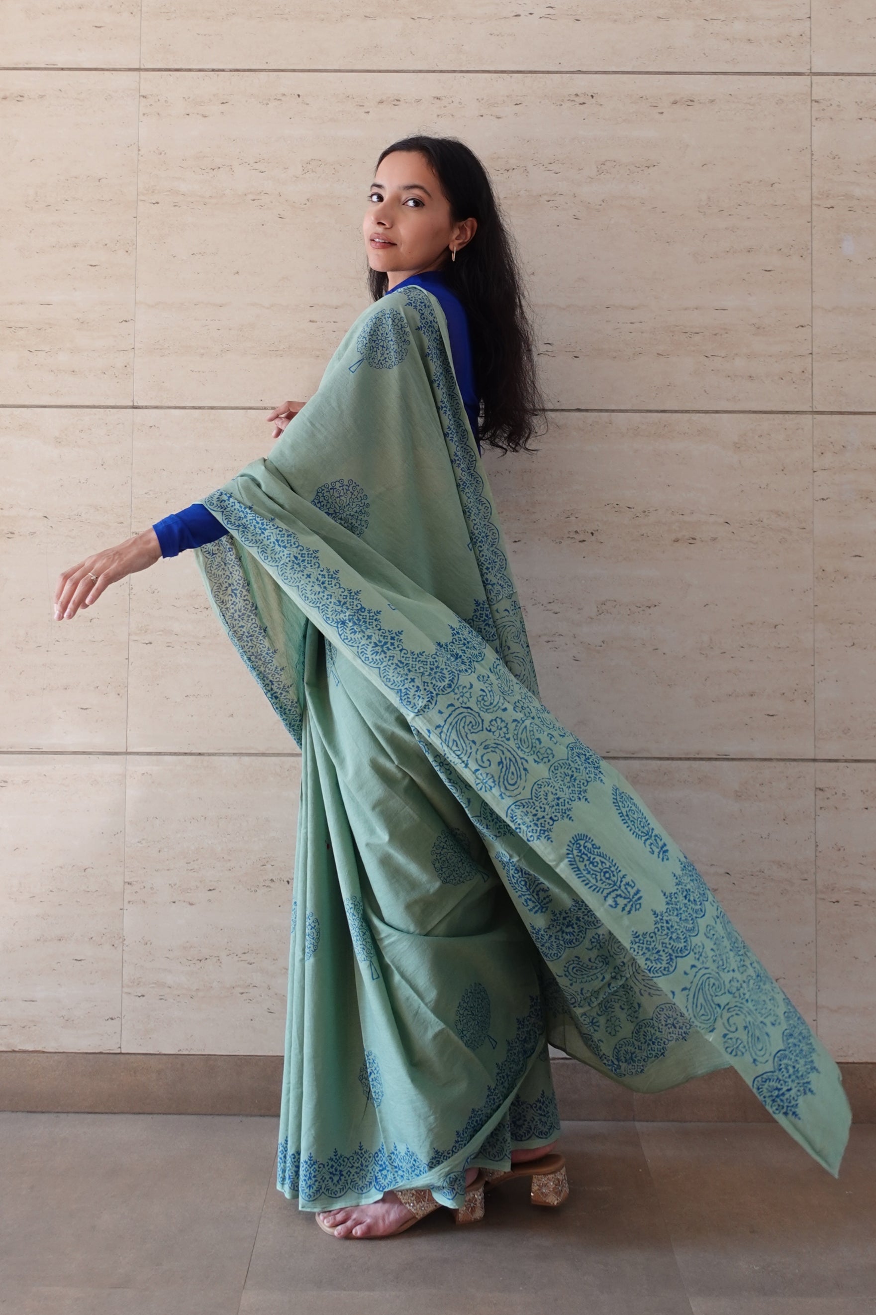 Seaside Serenity- Handblock Print Natural Dyed - Sage Green Mulmul Cotton Saree