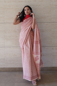 Earthy Essence Saree Handblock Print Natural Dyed - BeigeMulmul Cotton Saree