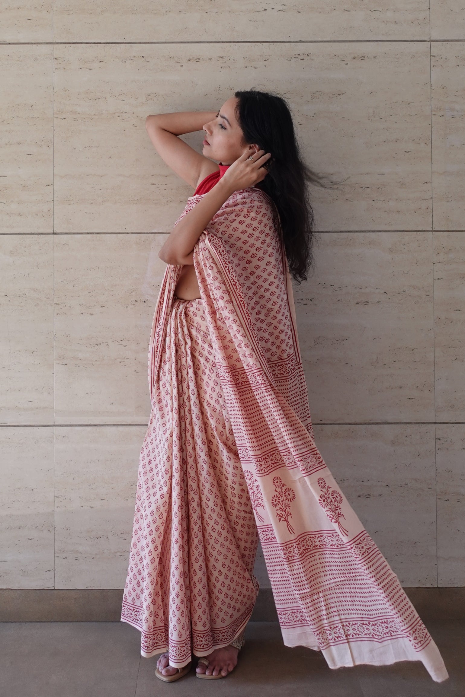 Earthy Essence Saree Handblock Print Natural Dyed - BeigeMulmul Cotton Saree