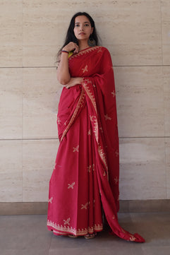 Free Sparrow - Handblock Print Natural Dyed - Red Mulmul Cotton Saree