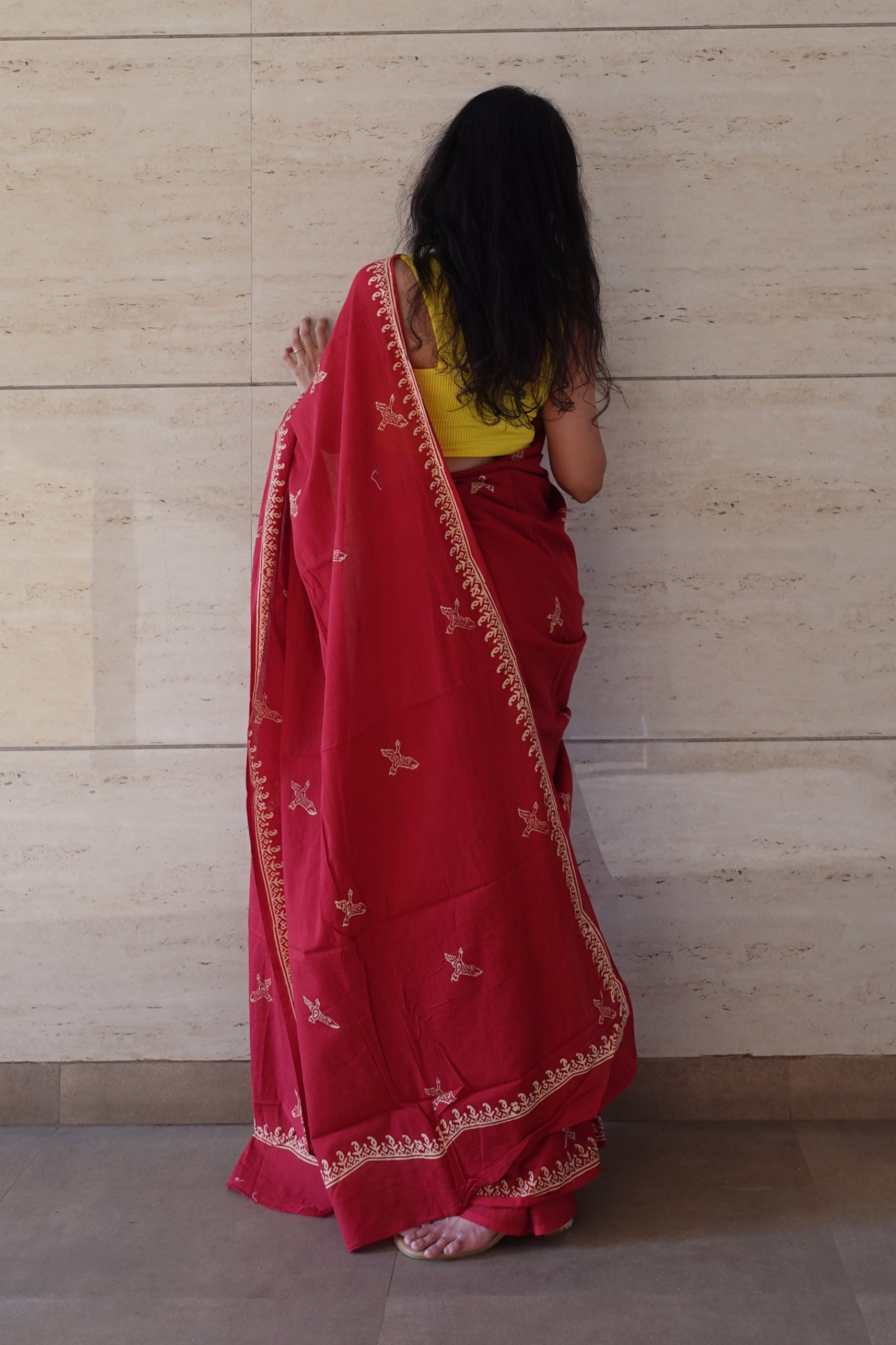 Free Sparrow - Handblock Print Natural Dyed - Red Mulmul Cotton Saree