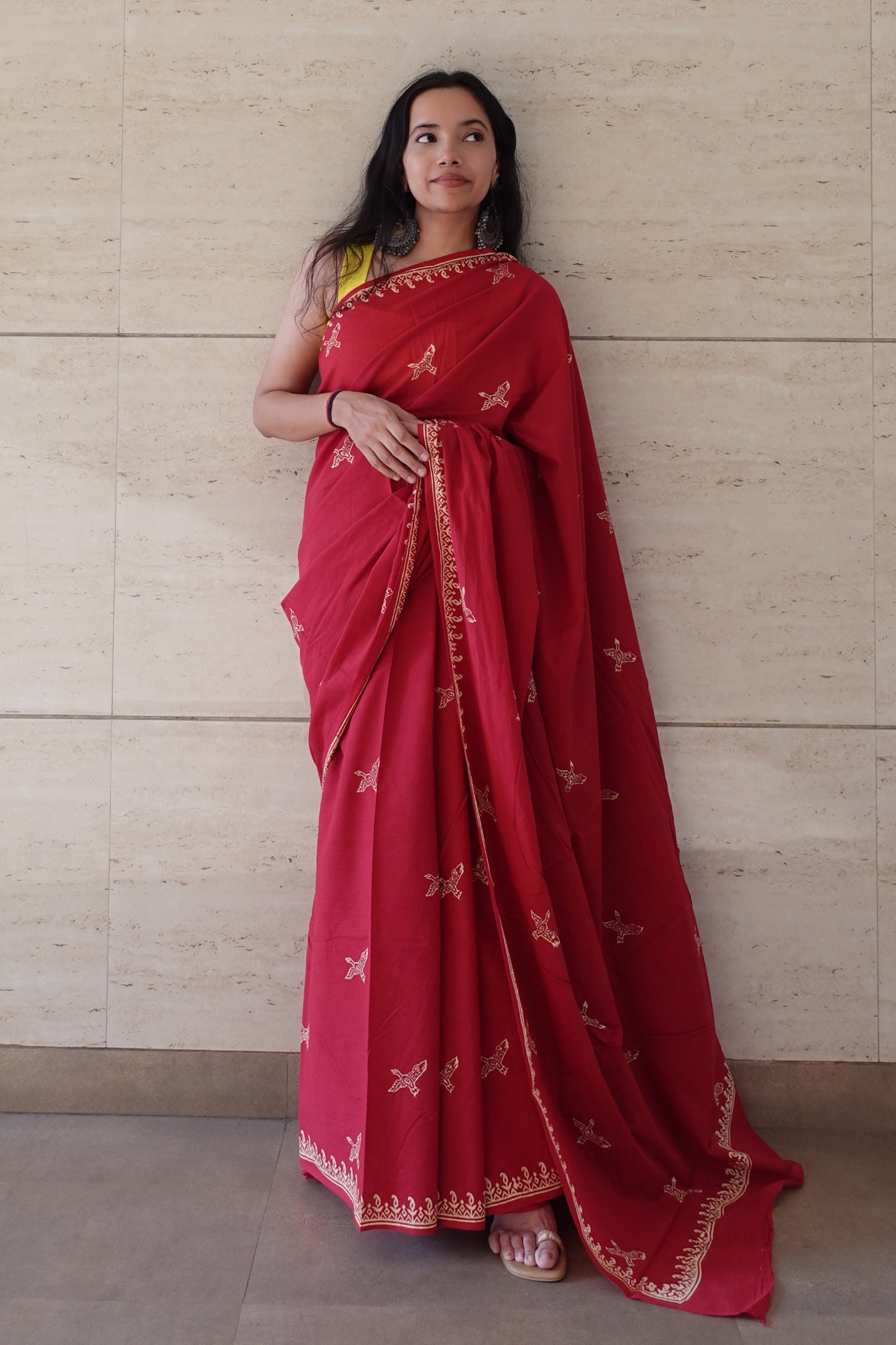 Free Sparrow - Handblock Print Natural Dyed - Red Mulmul Cotton Saree