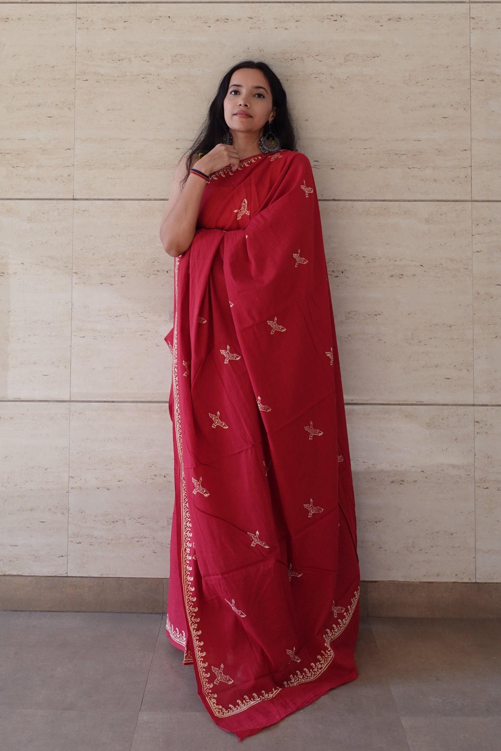 Free Sparrow - Handblock Print Natural Dyed - Red Mulmul Cotton Saree