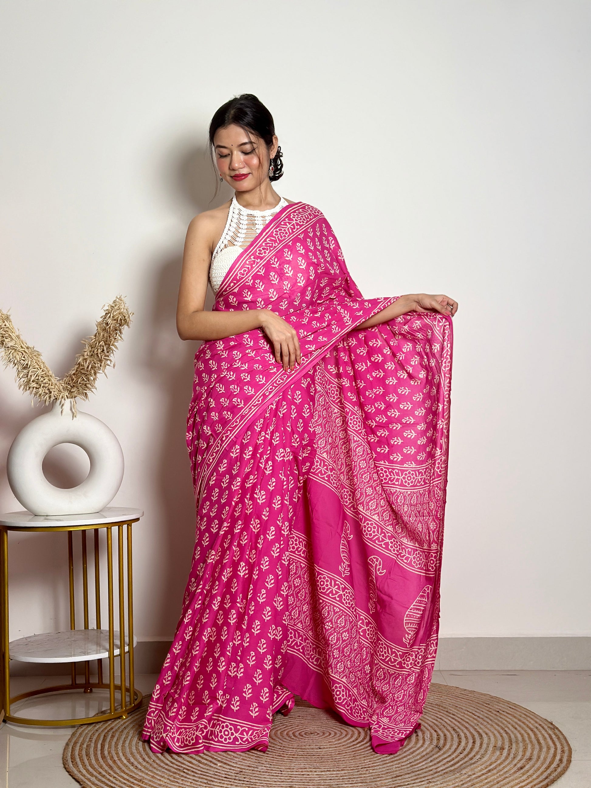 Poppins Collection - Pink Poppins Candy - Handblock Print Natural Dyed - Mulmul Cotton Saree