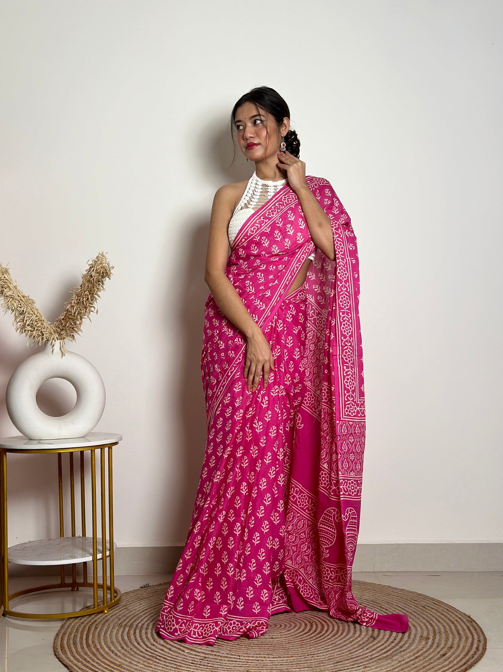 Poppins Collection - Pink Poppins Candy - Handblock Print Natural Dyed - Mulmul Cotton Saree