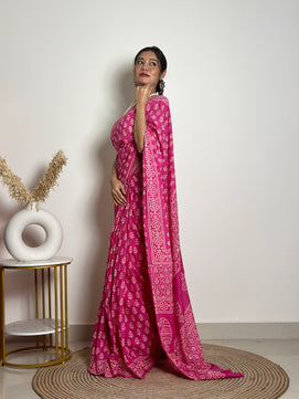 Poppins Collection - Pink Poppins Candy - Handblock Print Natural Dyed - Mulmul Cotton Saree