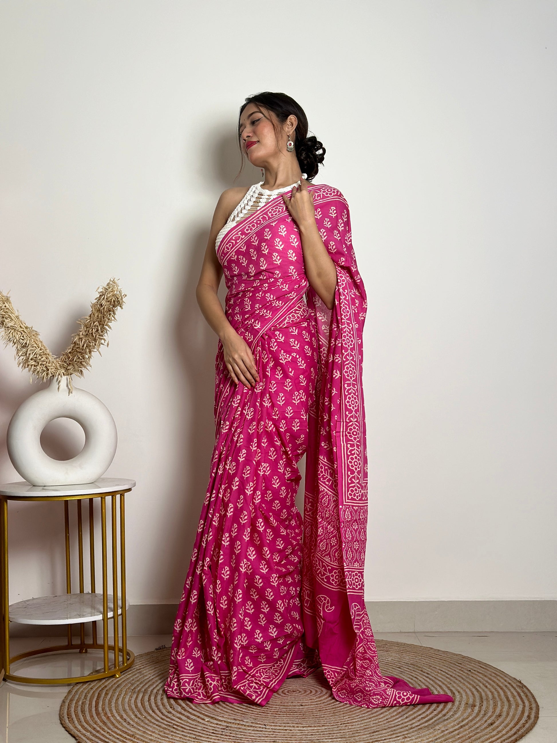 Poppins Collection - Pink Poppins Candy - Handblock Print Natural Dyed - Mulmul Cotton Saree