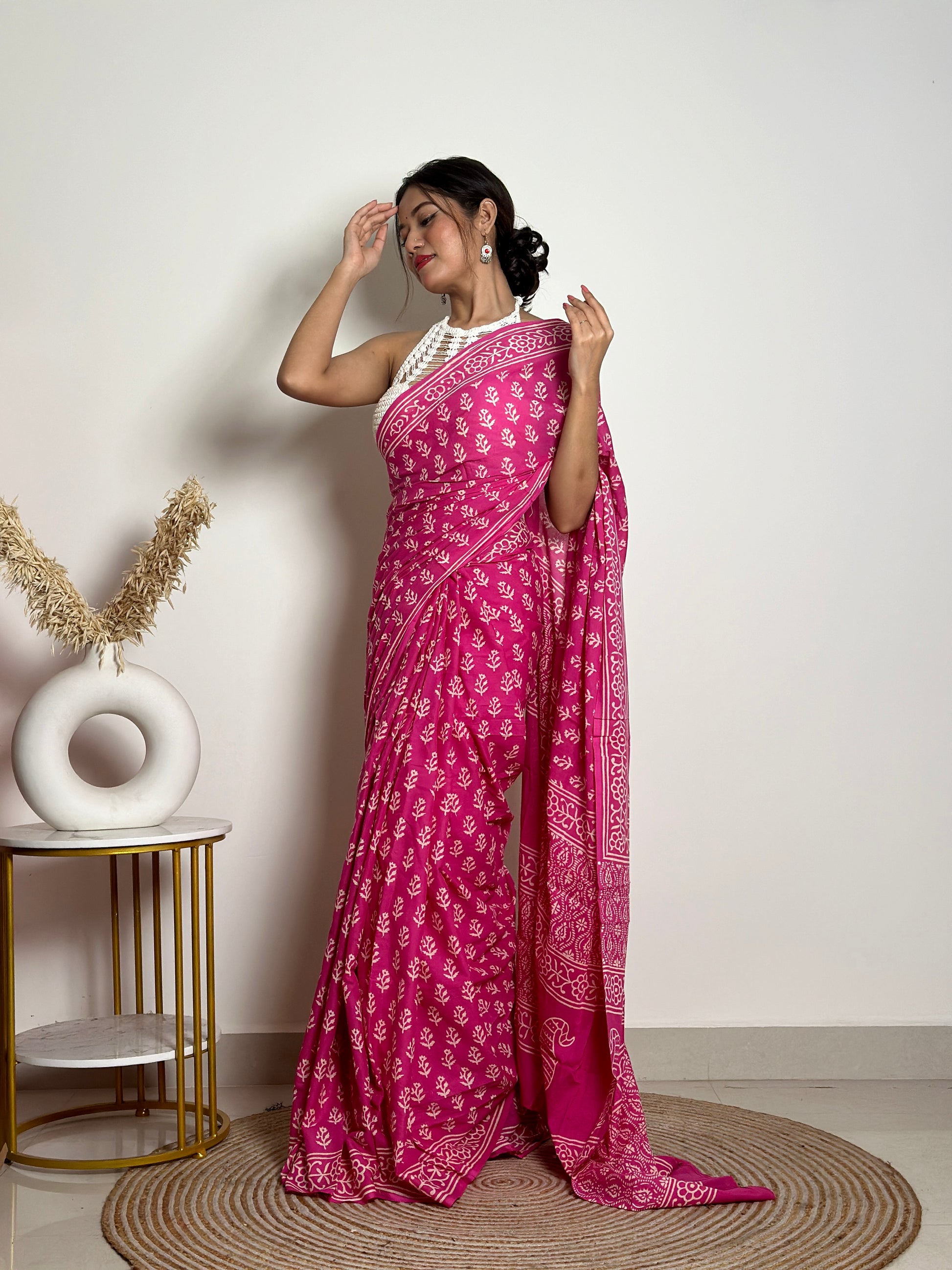 Poppins Collection - Pink Poppins Candy - Handblock Print Natural Dyed - Mulmul Cotton Saree