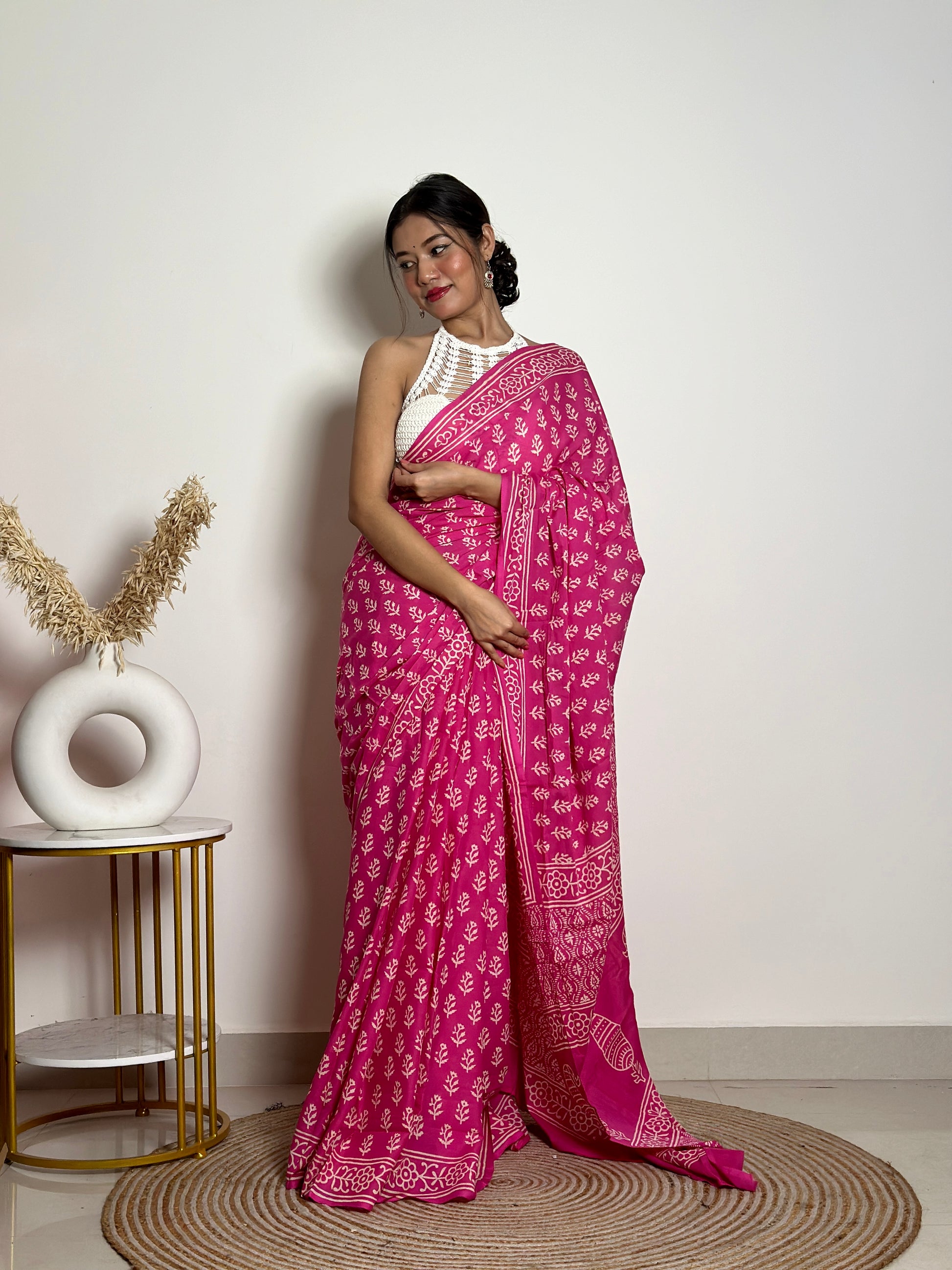 Poppins Collection - Pink Poppins Candy - Handblock Print Natural Dyed - Mulmul Cotton Saree