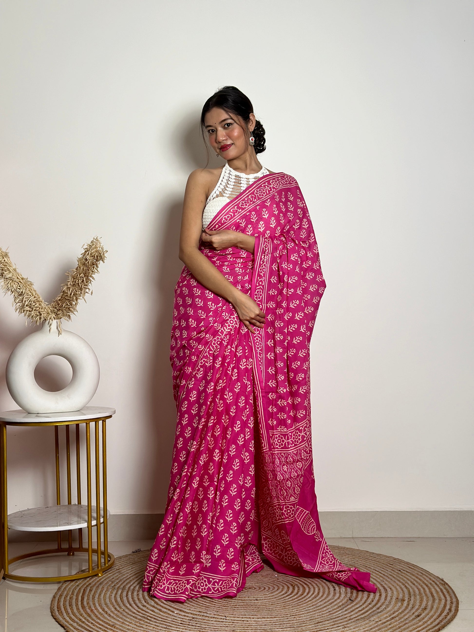 Poppins Collection - Pink Poppins Candy - Handblock Print Natural Dyed - Mulmul Cotton Saree