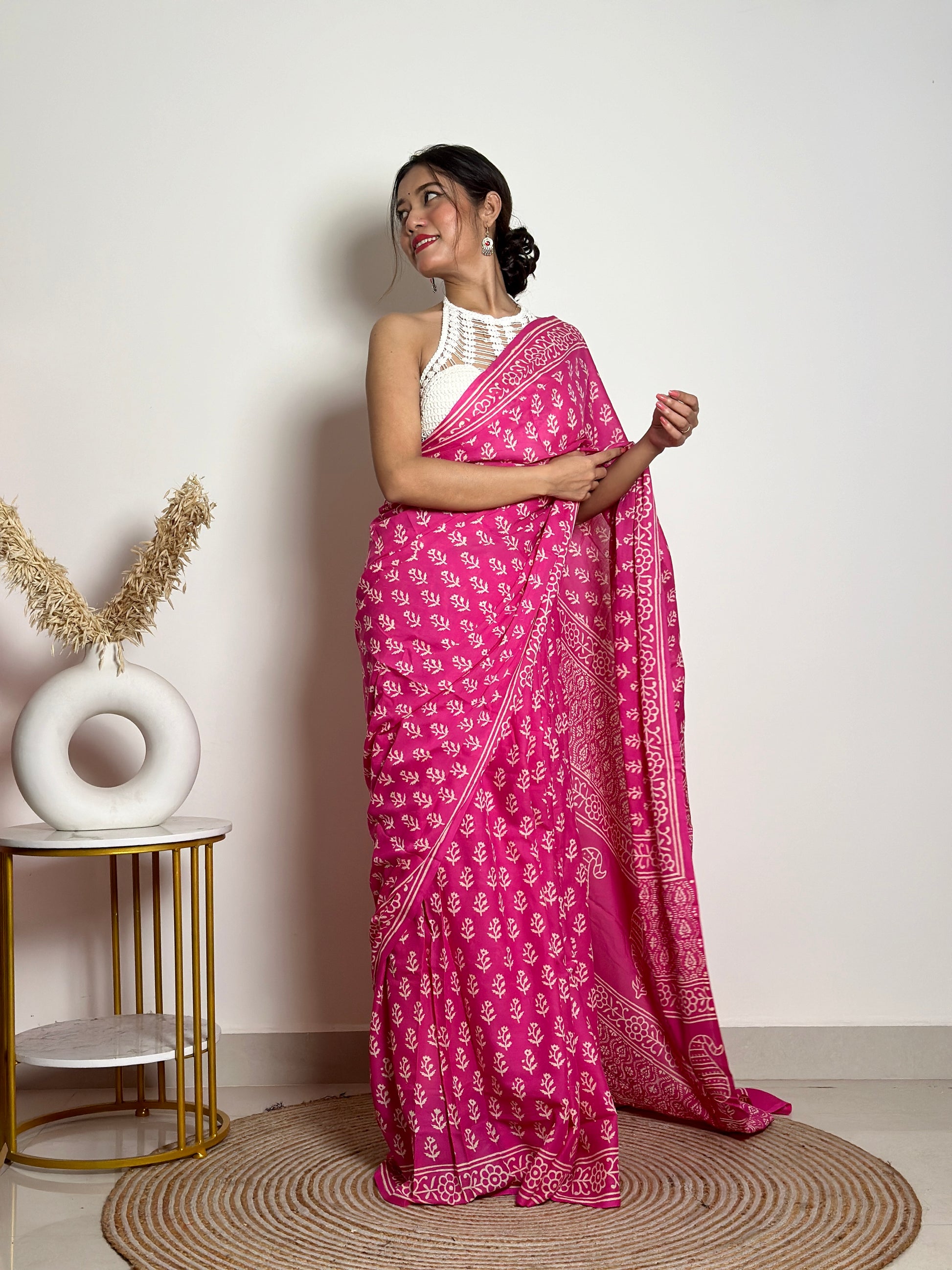 Poppins Collection - Pink Poppins Candy - Handblock Print Natural Dyed - Mulmul Cotton Saree