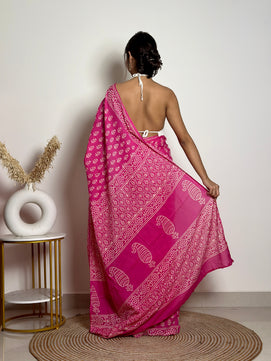 Poppins Collection - Pink Poppins Candy - Handblock Print Natural Dyed - Mulmul Cotton Saree