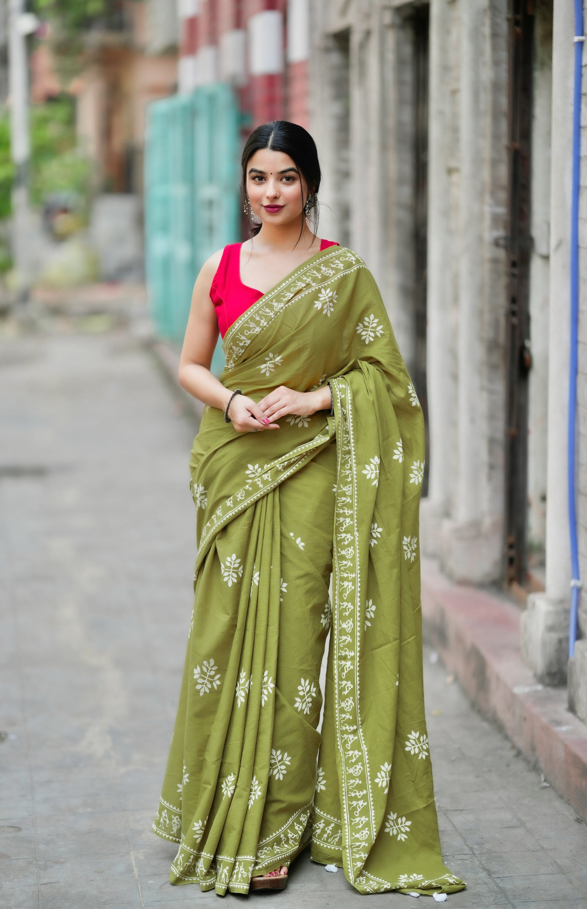 "Fragrance of Heena" - Handblock Print Natural Dyed - Mulmul Cotton Saree