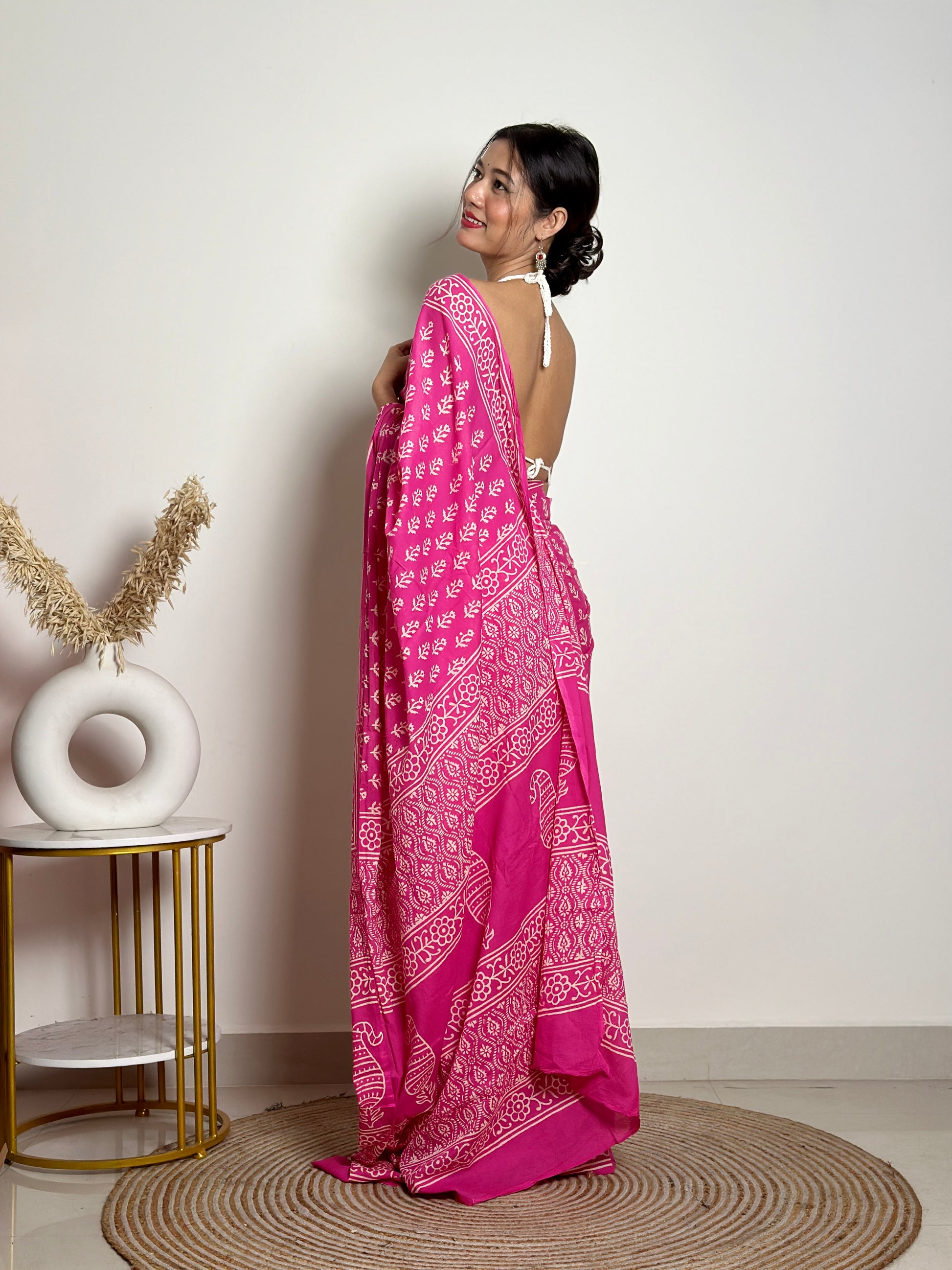 Poppins Collection - Pink Poppins Candy - Handblock Print Natural Dyed - Mulmul Cotton Saree