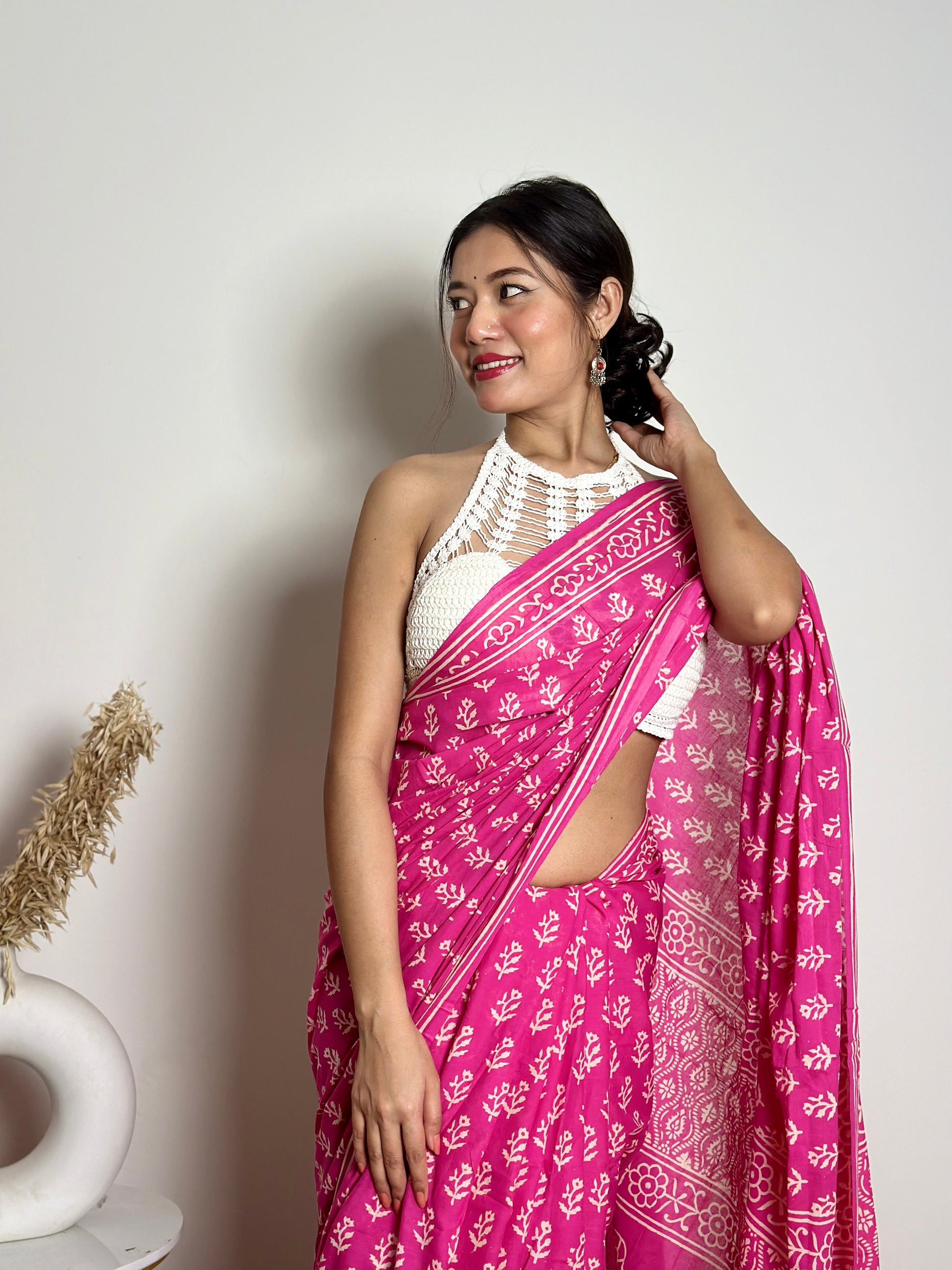 Poppins Collection - Pink Poppins Candy - Handblock Print Natural Dyed - Mulmul Cotton Saree