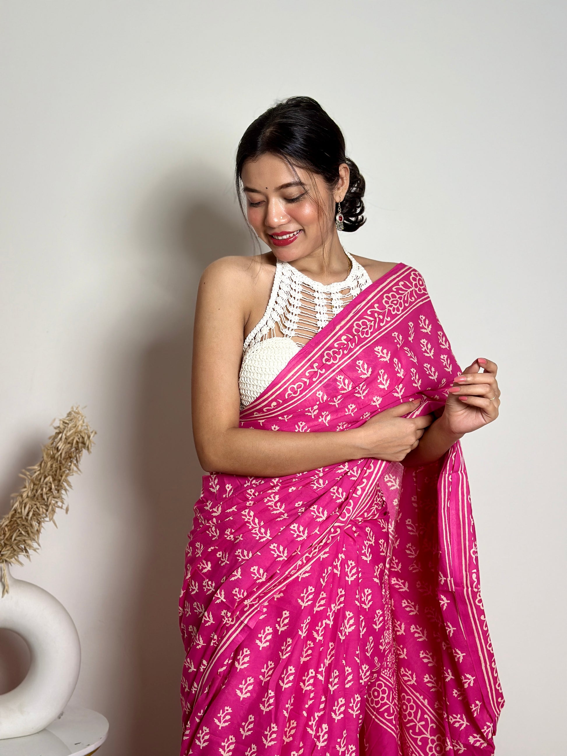 Poppins Collection - Pink Poppins Candy - Handblock Print Natural Dyed - Mulmul Cotton Saree