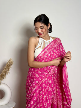 Poppins Collection - Pink Poppins Candy - Handblock Print Natural Dyed - Mulmul Cotton Saree