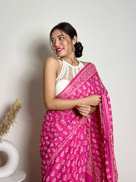 Poppins Collection - Pink Poppins Candy - Handblock Print Natural Dyed - Mulmul Cotton Saree