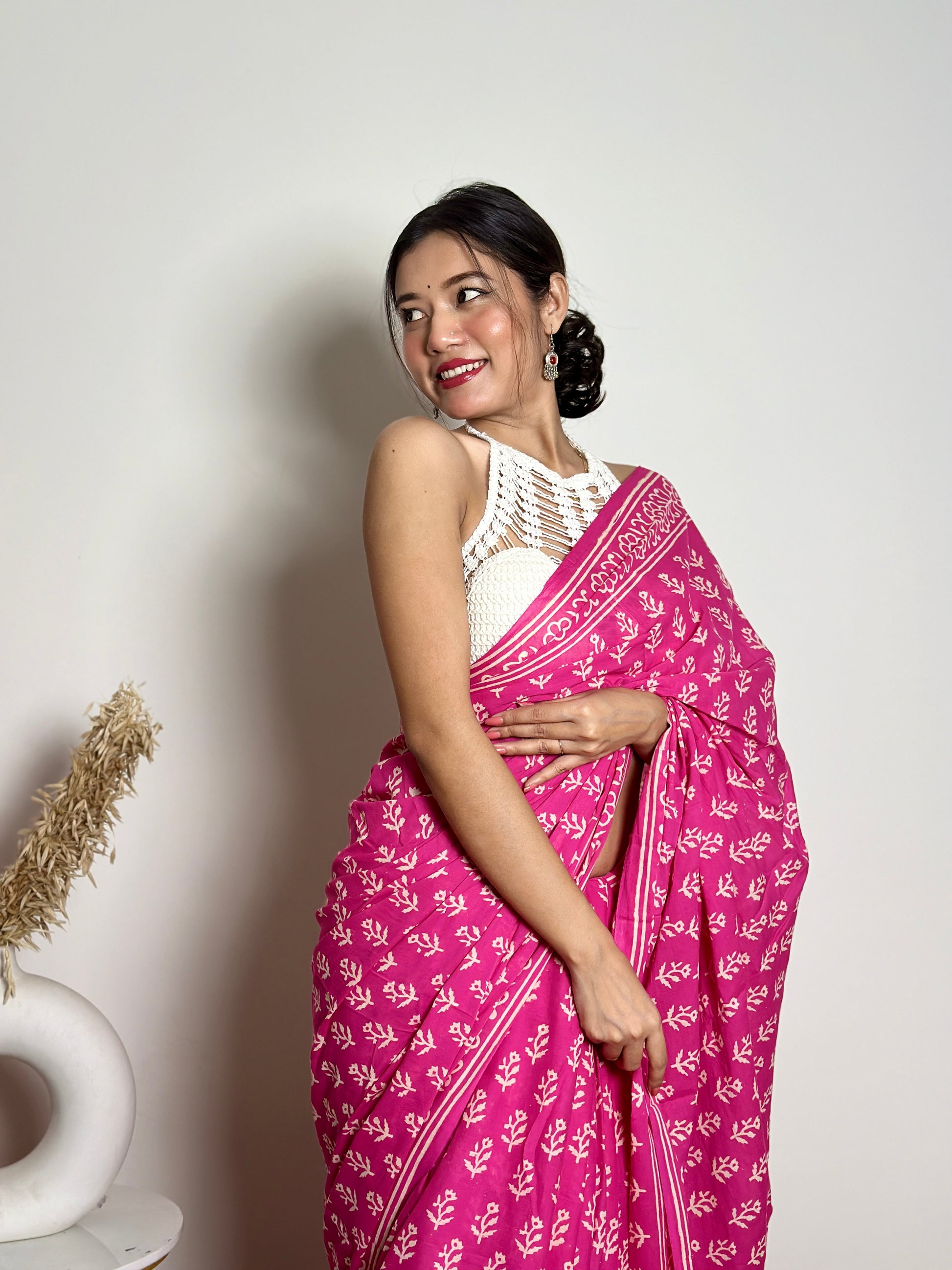 Poppins Collection - Pink Poppins Candy - Handblock Print Natural Dyed - Mulmul Cotton Saree