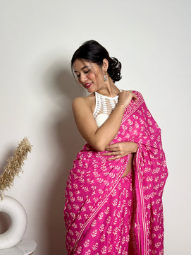 Poppins Collection - Pink Poppins Candy - Handblock Print Natural Dyed - Mulmul Cotton Saree