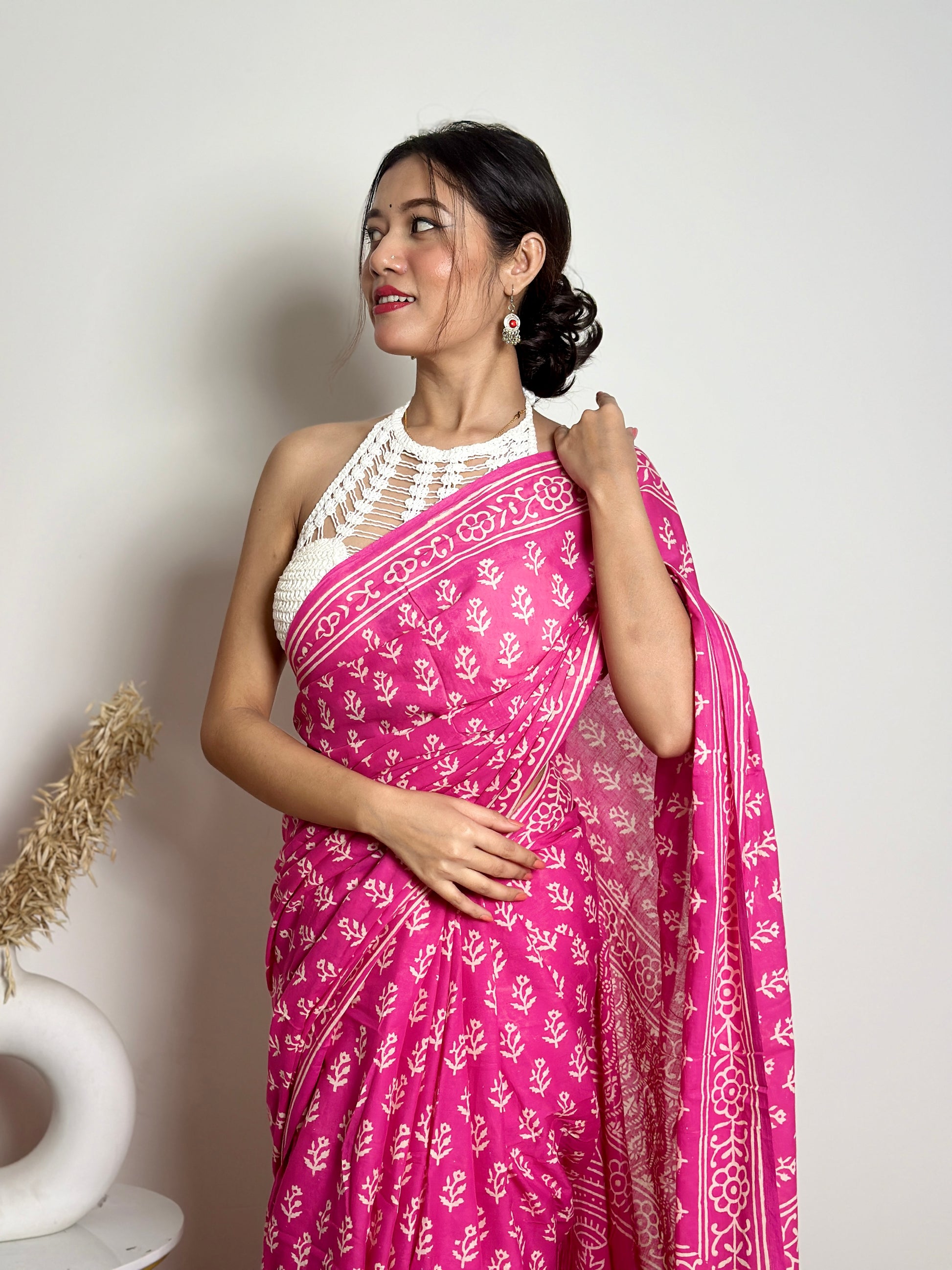 Poppins Collection - Pink Poppins Candy - Handblock Print Natural Dyed - Mulmul Cotton Saree