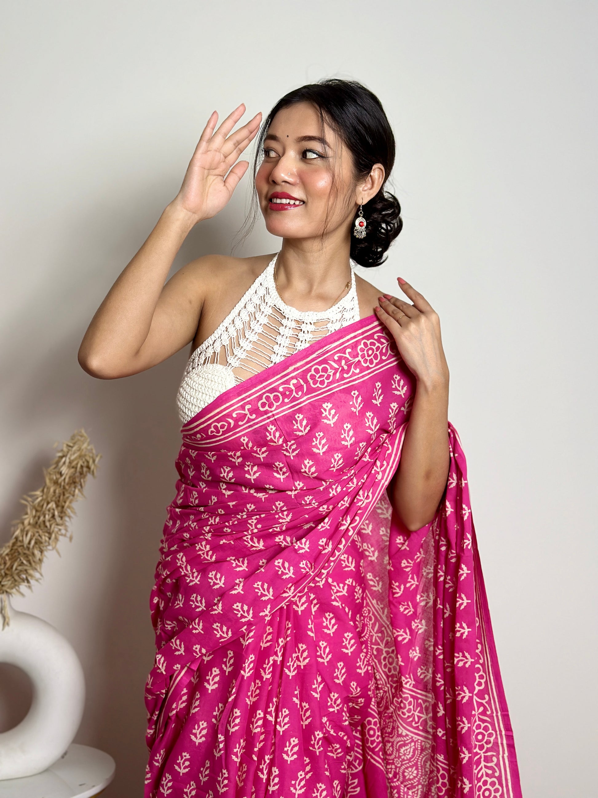 Poppins Collection - Pink Poppins Candy - Handblock Print Natural Dyed - Mulmul Cotton Saree