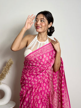 Poppins Collection - Pink Poppins Candy - Handblock Print Natural Dyed - Mulmul Cotton Saree