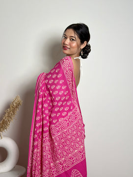 Poppins Collection - Pink Poppins Candy - Handblock Print Natural Dyed - Mulmul Cotton Saree