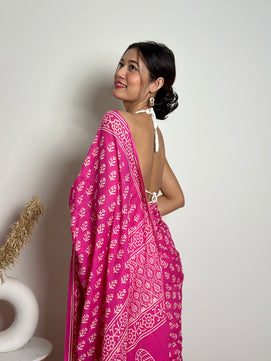 Poppins Collection - Pink Poppins Candy - Handblock Print Natural Dyed - Mulmul Cotton Saree