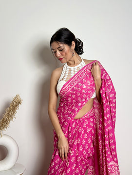 Poppins Collection - Pink Poppins Candy - Handblock Print Natural Dyed - Mulmul Cotton Saree