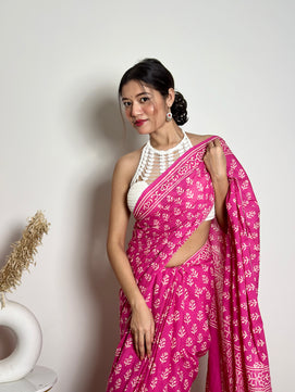 Poppins Collection - Pink Poppins Candy - Handblock Print Natural Dyed - Mulmul Cotton Saree