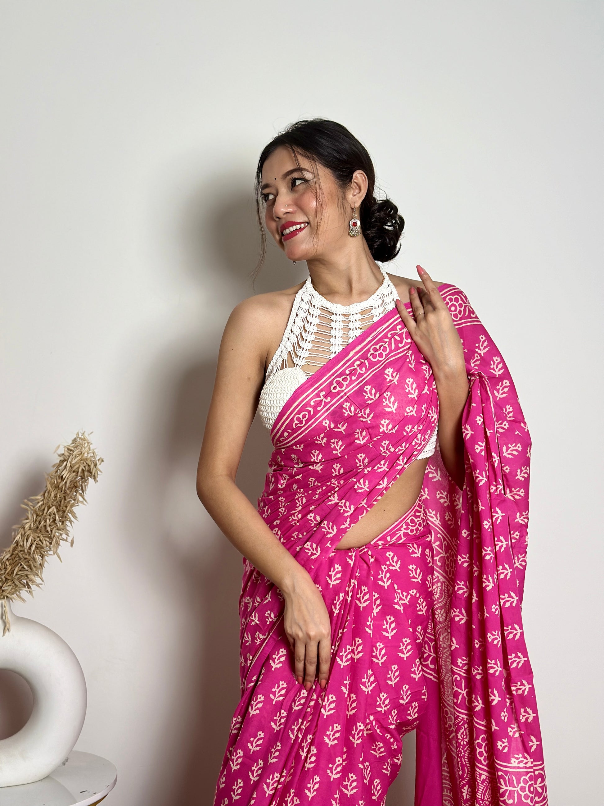 Poppins Collection - Pink Poppins Candy - Handblock Print Natural Dyed - Mulmul Cotton Saree