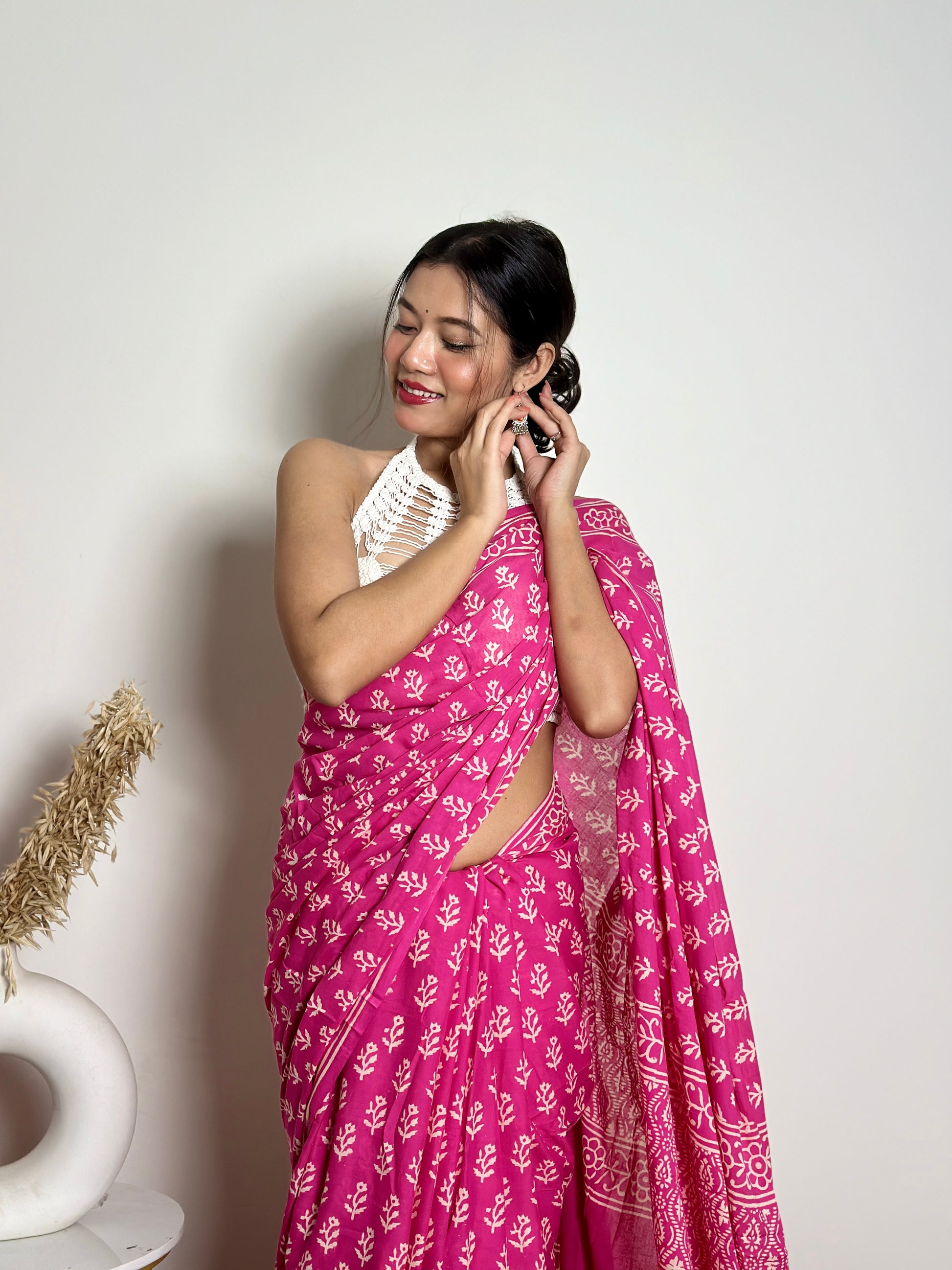 Poppins Collection - Pink Poppins Candy - Handblock Print Natural Dyed - Mulmul Cotton Saree