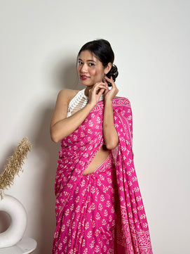 Poppins Collection - Pink Poppins Candy - Handblock Print Natural Dyed - Mulmul Cotton Saree