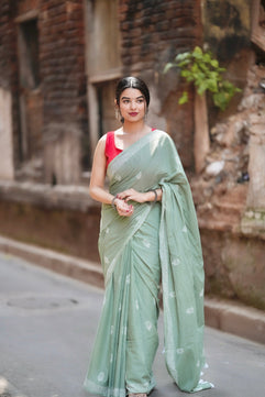 Mint Mojito - Handblock Print Natural Dyed - Mulmul Cotton Saree