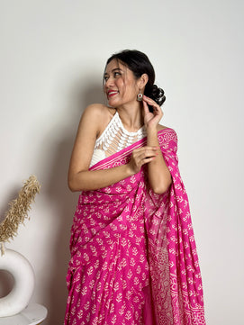 Poppins Collection - Pink Poppins Candy - Handblock Print Natural Dyed - Mulmul Cotton Saree