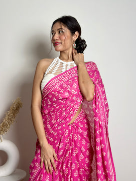 Poppins Collection - Pink Poppins Candy - Handblock Print Natural Dyed - Mulmul Cotton Saree