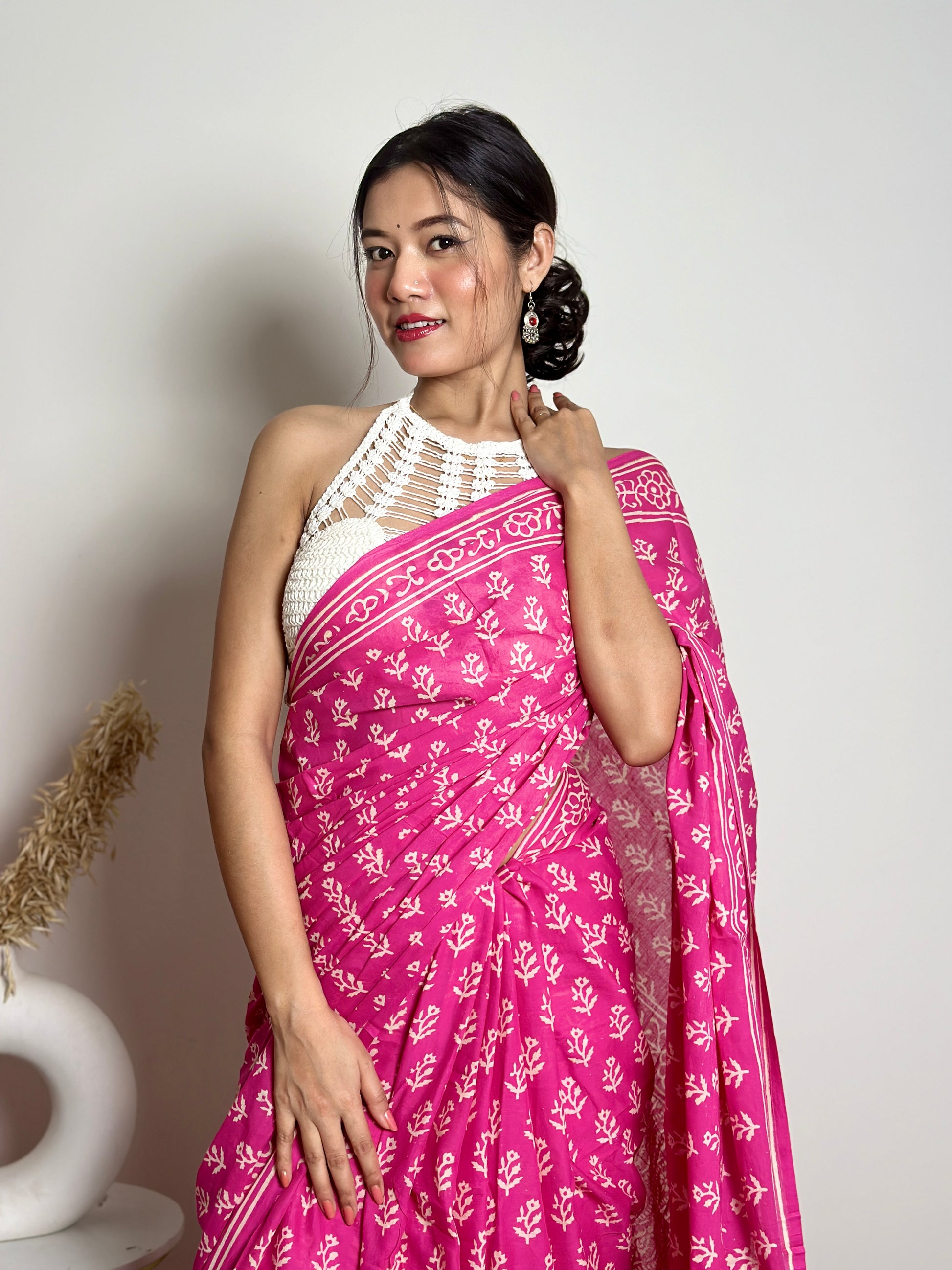 Poppins Collection - Pink Poppins Candy - Handblock Print Natural Dyed - Mulmul Cotton Saree