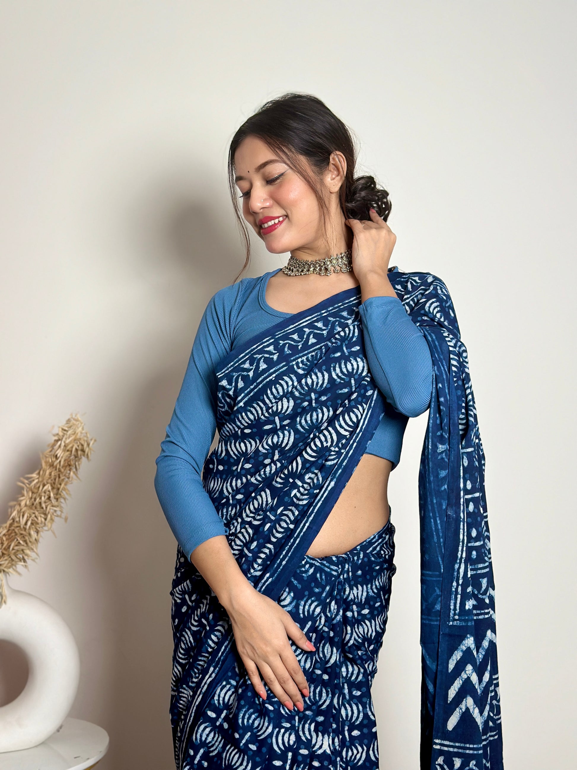 Indigo Lotus - Handblock Dabu in Natural Dyes - Cotton Mulmul Saree